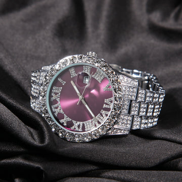 THE BLING KING Big Iced Out Watches For Women Men Purple Pink Dial Fashion Luxury Stainless Steel Quartz Business Wristwatches