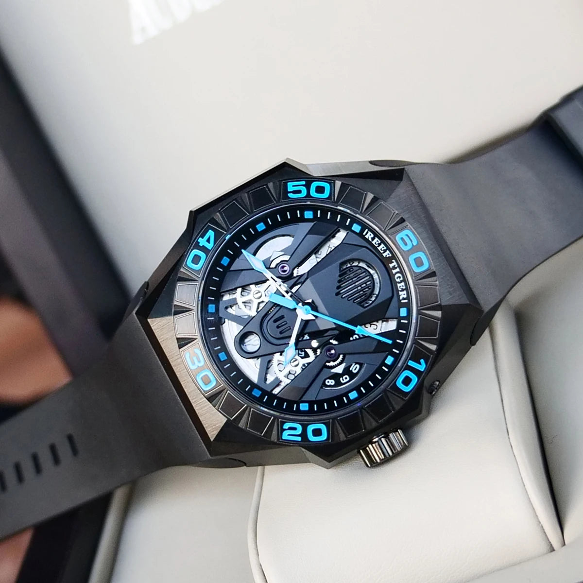 Reef Tiger/RT Limited Watch Men Automatic Mechanical All Black Blue Skeleton Waterproof Rubber Strap Relogio Masculino RGA6912