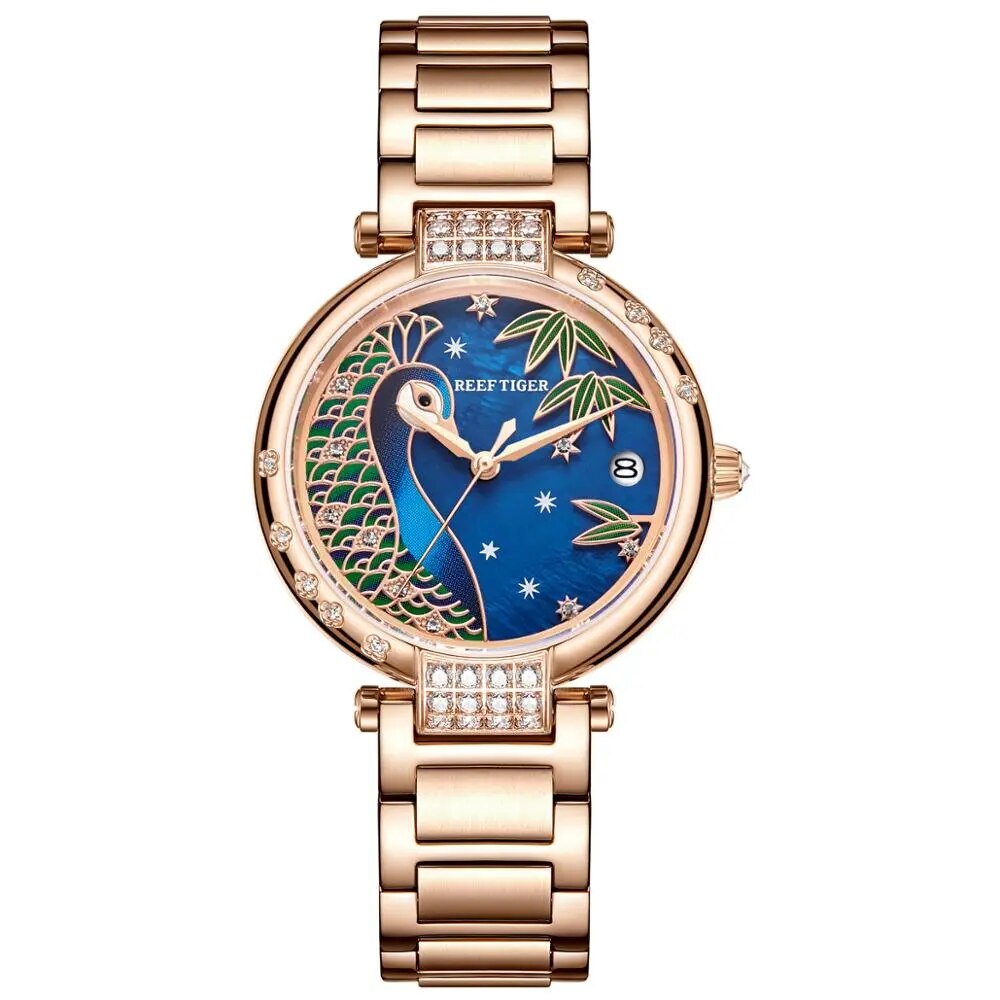 Reef Tiger/RT Top Brand Luxury Women Watch Rose Gold Bracelet Automatic Mechanical Shell Watches Clock RGA1587