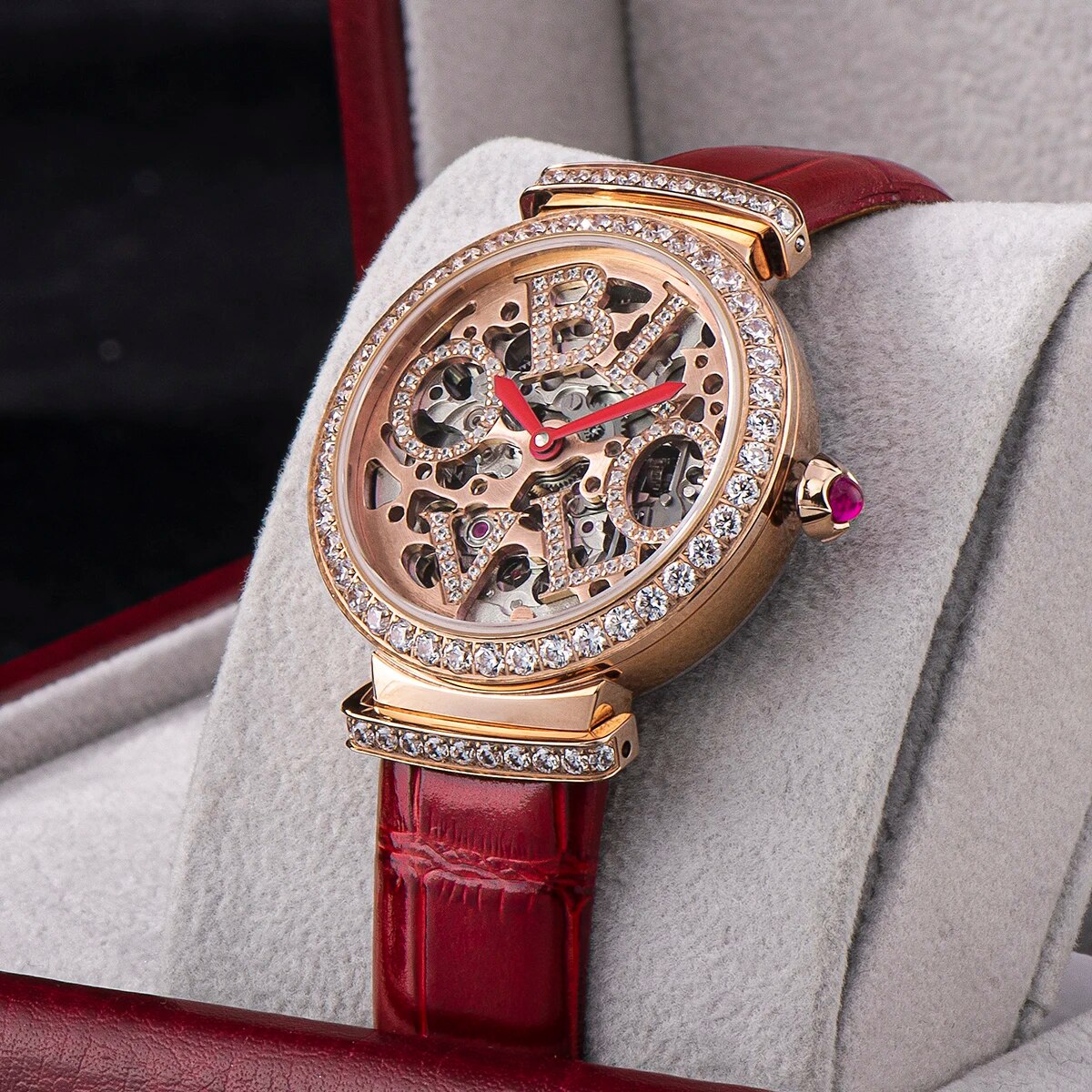 OBLVLO New Design Women Rose Gold Automatic Watches Skeleton Top Brand Luxury Female Wrist Watch Clock Leather Relogio Feminino