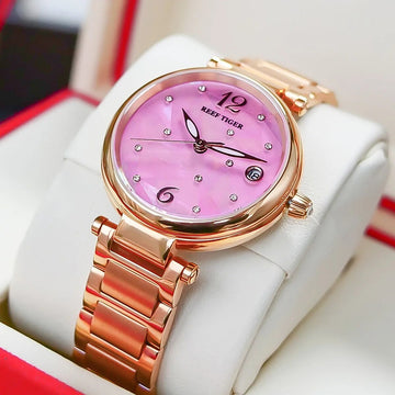 Reef Tiger/ RT Pink Dial Rose Gold Luxury Fashion Diamond Women Watches Stainless Steel Bracelet Mechanical Watch RGA1584