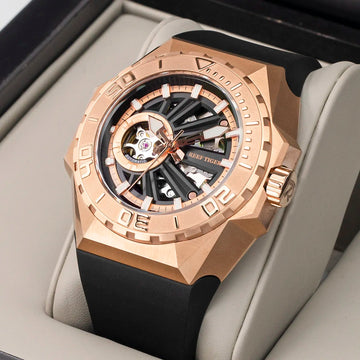 Reef Tiger/RT Men Sports Watches Dive Rose Gold Automatic Mechanical skeleton Watches Leather Strap Relogio Masculino RGA6903-S