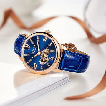 Reef Tiger/RT Luxury Brand Women Watches Steel All Blue Watches Leather Strap Diamond Watches Reloj Mujer RGA1580