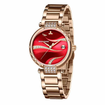 Reef Tiger/ RT Red Dial Rose Gold Luxury Fashion Diamond Women Watches Stainless Steel Bracelet Automatic RGA1589