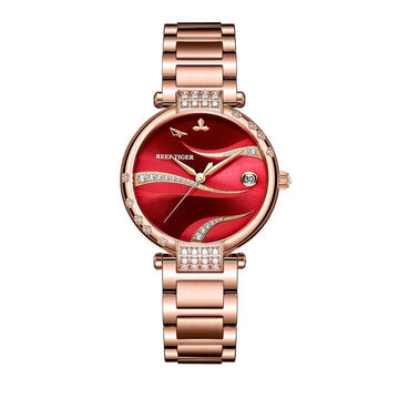 Reef Tiger/ RT Red Dial Rose Gold Luxury Fashion Diamond Women Watches Stainless Steel Bracelet Automatic RGA1589