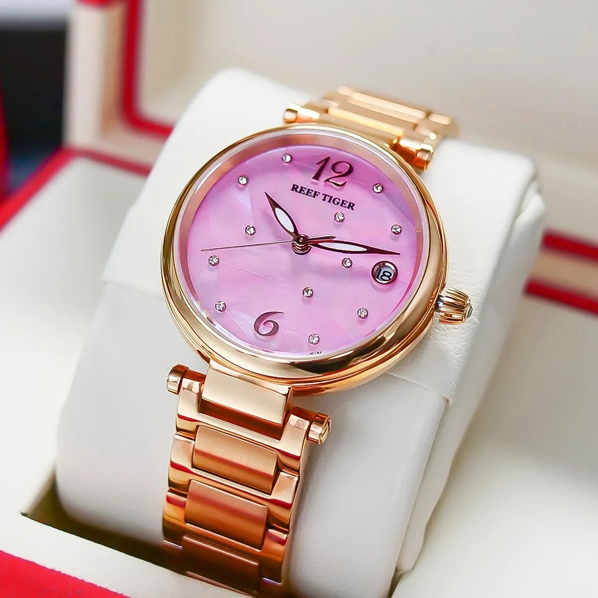 Reef Tiger/ RT Pink Dial Rose Gold Luxury Fashion Diamond Women Watches Stainless Steel Bracelet Mechanical Watch RGA1584