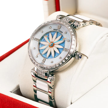 Reef Tiger/RT Fashion Lily Women Watch Diamonds Bezel Full Stainless Steel Watch Relogio Feminino RGA1599