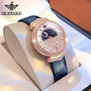 OUPINKE Swiss Imported Movement Quartz Watch for Women Luxury Brand Fully Diamond Starry Sky Dial Moon Phase Ladies Wristwatches