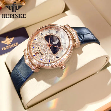 OUPINKE Swiss Imported Movement Quartz Watch for Women Luxury Brand Fully Diamond Starry Sky Dial Moon Phase Ladies Wristwatches