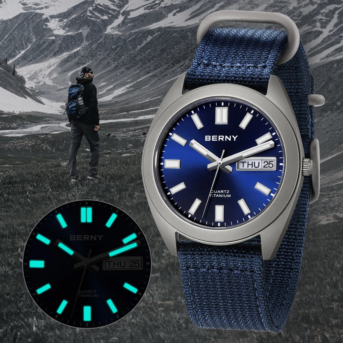 BERNY Titanium Men Watch 40g Weight Sport Field Quartz Wristwatch Super Luminous Sapphire 100m Waterproof Classic SNXS75 Watches