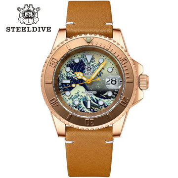 STEELDIVE SD1953SJ New Arrival C3 Green Luminous Kanagawa Dial 41MM Solid Bronze Case Water Ghost 200M Dive Watch NH35