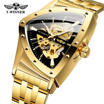 Winner 395S Stainless Steel Brand Waterproof Mens Triangle Skeleton Watches Transparent Mechanical Sport Male Wrist Watches