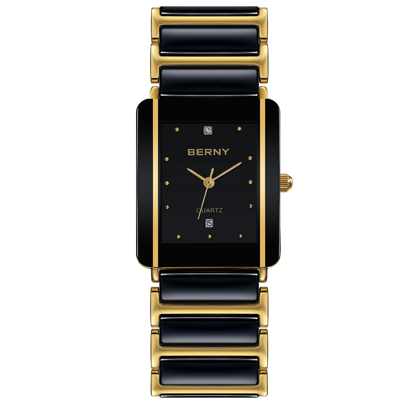 BERNY Ceramic Quartz Men Watch Fashion Luxury Rectangle Wristwatch BERNY XV12 Waterproof Calendar Diamon Black Gold Couple Watch