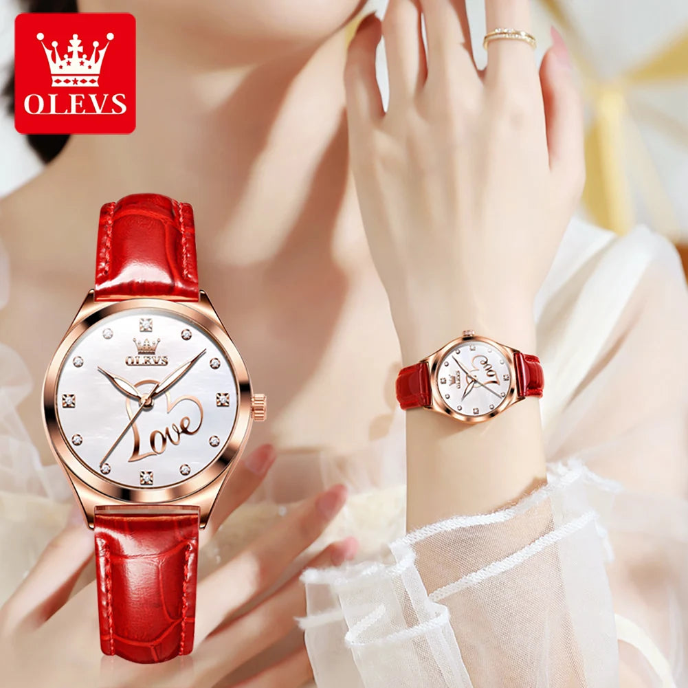 OLEVS 5580 Quartz Watch Women Top Brand Luxury Elegant Diamond Love  Design Leather Luminous Hands Waterproof Wristwatch Gifts