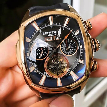 Reef Tiger/RT Big Sport Watch Men Luminous Analog Tourbillon Watches Top Brand Blue Rose Gold Watch  relogio masculino RGA3069