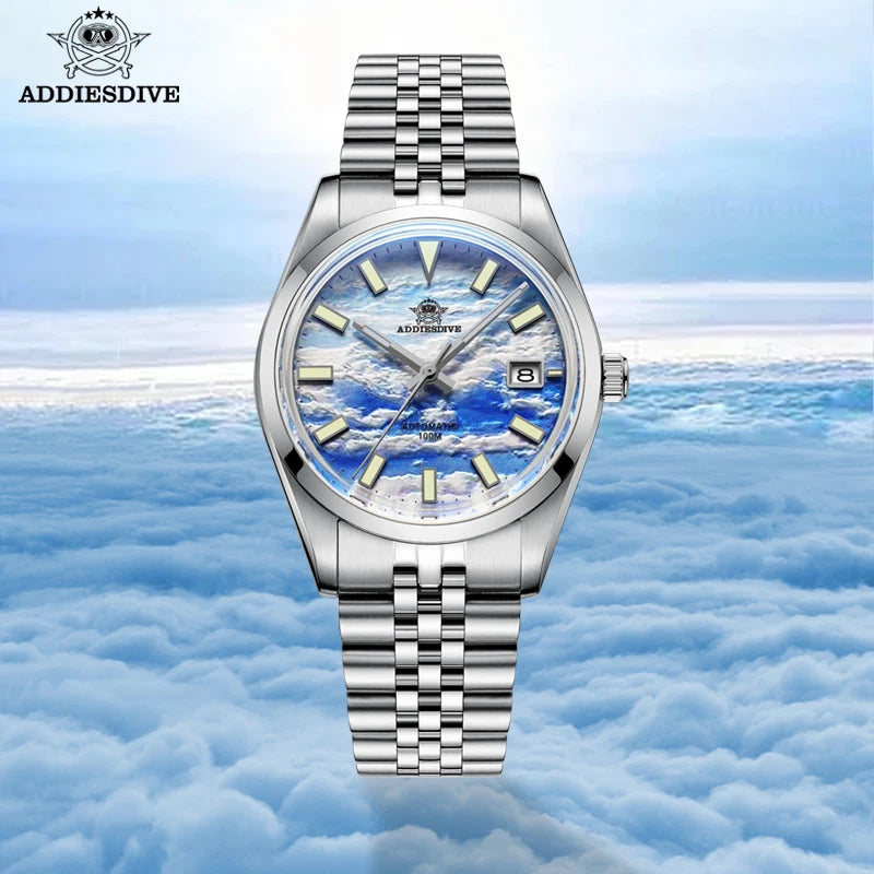 ADDIESDIVE New Automatic Watch for Men 3D Cloud Sea Dial NH35 Mechanical 100m Diving Business Watch Blue Luminous WristWatch Man