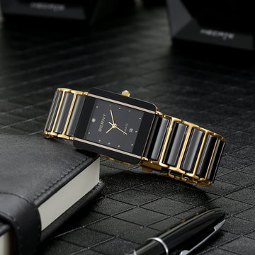 BERNY Ceramic Quartz Men Watch Fashion Luxury Rectangle Wristwatch BERNY XV12 Waterproof Calendar Diamon Black Gold Couple Watch