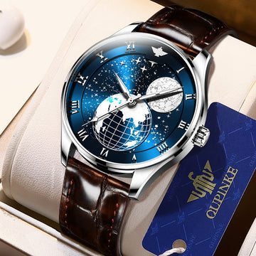 OUPINKE Swiss Brand Watch Starry Dial- Moon Phases-Leather Strap Watch for Men's Mechanical Waterproof Luminous Business Watch