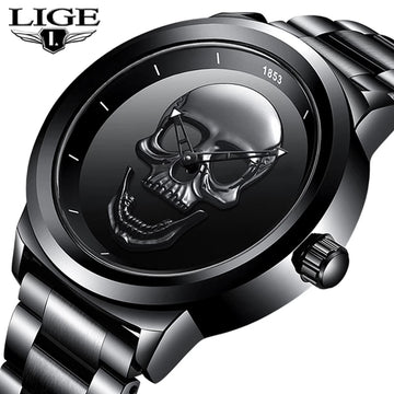 Relogio Masculino LIGE Skull Mens Watches Simple Stainless Steel Sports Watch Men&#39;s Openwork Quartz Wristwatch Waterproof Watc