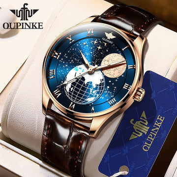 OUPINKE Swiss Brand Watch Starry Dial- Moon Phases-Leather Strap Watch for Men&#39;s Mechanical Waterproof Luminous Business Watch