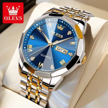 OLEVS Men&#39;s Watches Rhombus Mirror Original Quartz Watch for Man Waterproof Luminous Stainless Steel Wristwatch Male Date Week