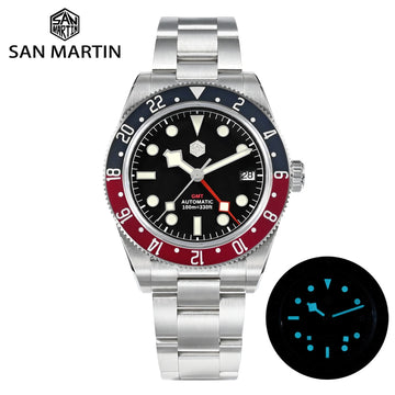 San Martin 2023 New NH34 GMT Men Luxury Watch Bidirectional Aluminum Bezel Automatic Mechanical Sapphire 100M Waterproof Date